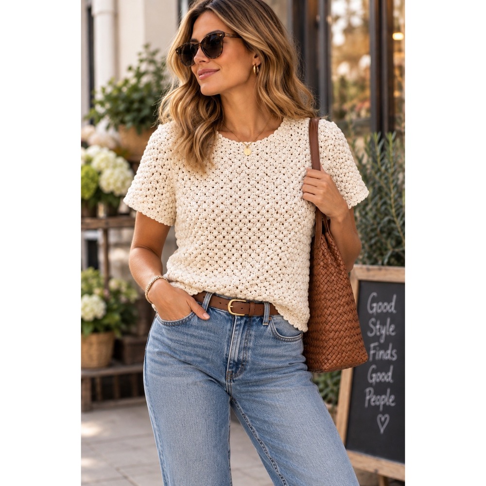 AllSaints Ivory Popcorn Knit Top Coastal Minimalist Quiet Luxury Boho Chic Sz 6